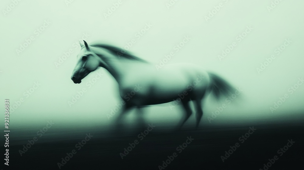 Fototapeta premium A white horse gracefully trots through a foggy landscape at dawn