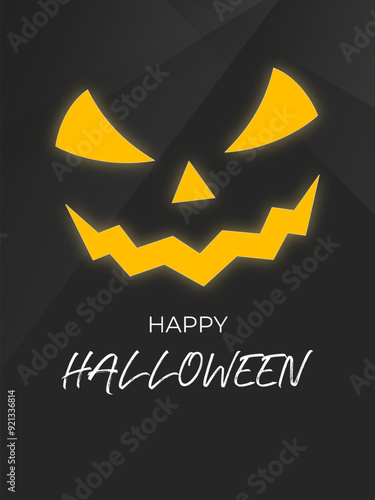 Black and yellow Halloween banner with smiling pumpkin and Happy Halloween inscription on dark background. Festive banner for Halloween. Vector illustration.