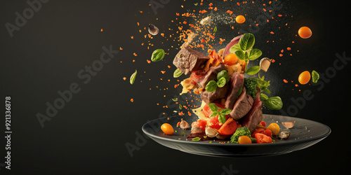 Creative Explosion of Gourmet Food Ingredients in Dynamic Motion on Dark Background