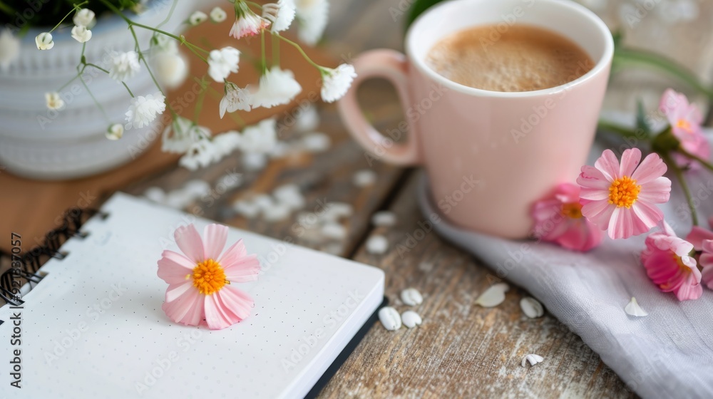 Cozy Morning Coffee With Flowers and Notebook on Wooden Table Cozy Morning Coffee With Flowers and Notebook on Wooden Table