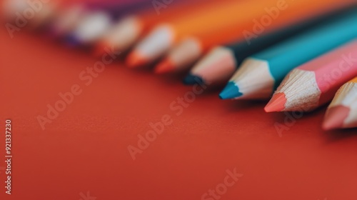 Vibrant Colored Pencils Arranged Neatly on Red Background
