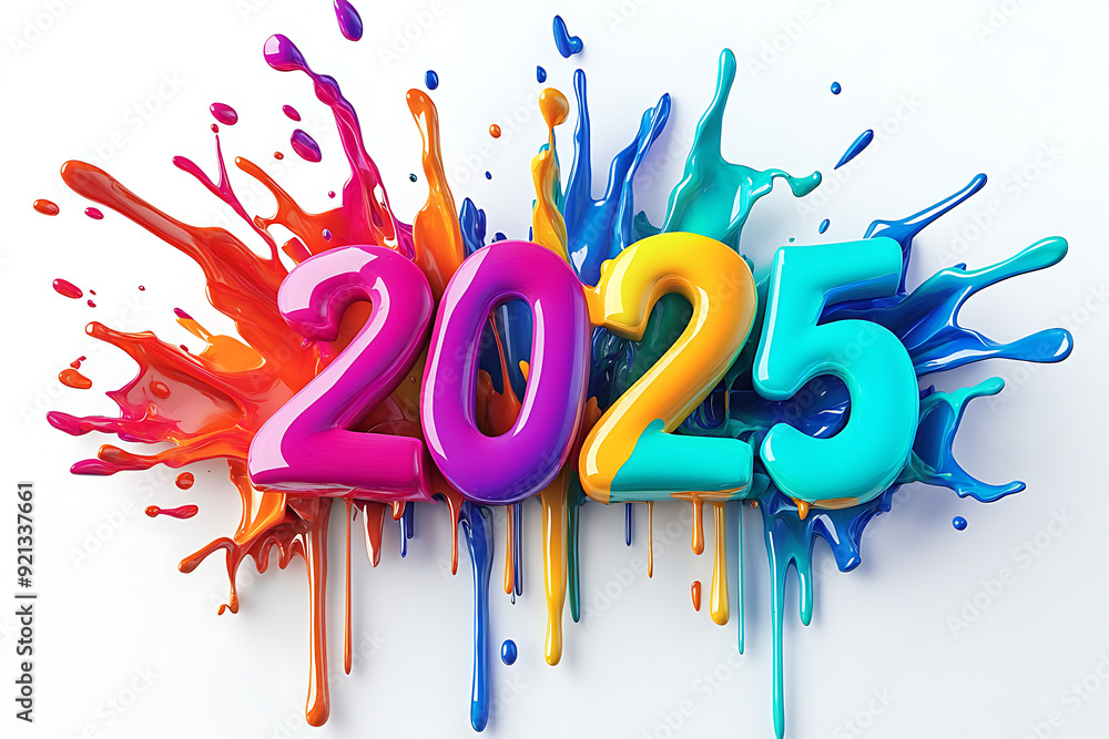 Date of the New Year 2025 is made of colored numbers on white background