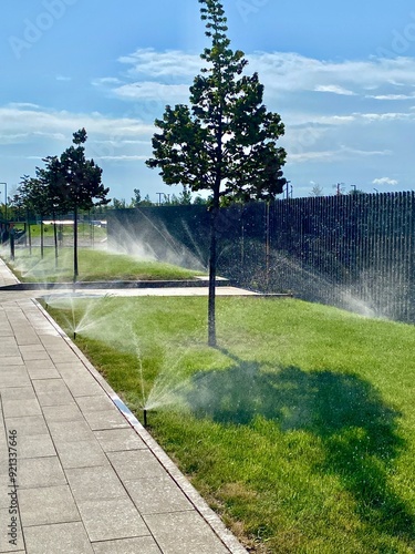 Irrigation System Watering the green grass, blurred background