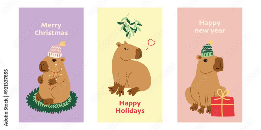 Cute Christmas capybara exotic animal vector illustration banner. South America mammal postcard or poster. Cartoon flat New Year vector template Cute Christmas capybara exotic animal vector illustration banner. South America mammal postcard or poster. Cartoon flat New Year vector template