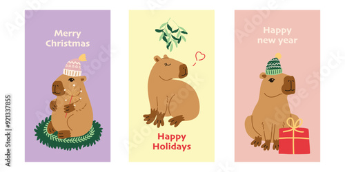 Cute Christmas capybara exotic animal vector illustration banner. South America mammal postcard or poster. Cartoon flat New Year vector template