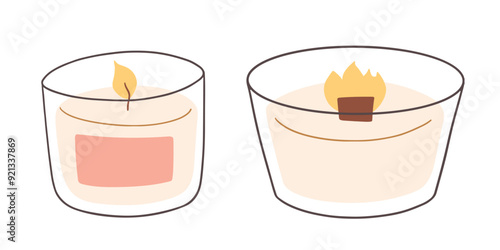 Trendy candle home decorations set. Modern candles with wood wick interior decor. Hand drawn vector illustration in flat style