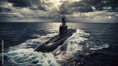 The sleek black form of a submarine navigating the choppy waters of the open sea  its tower visible beneath a cloudy sky