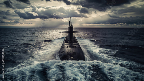 The sleek black form of a submarine navigating the choppy waters of the open sea  its tower visible beneath a cloudy sky