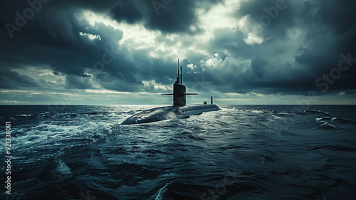 The sleek black form of a submarine navigating the choppy waters of the open sea  its tower visible beneath a cloudy sky photo