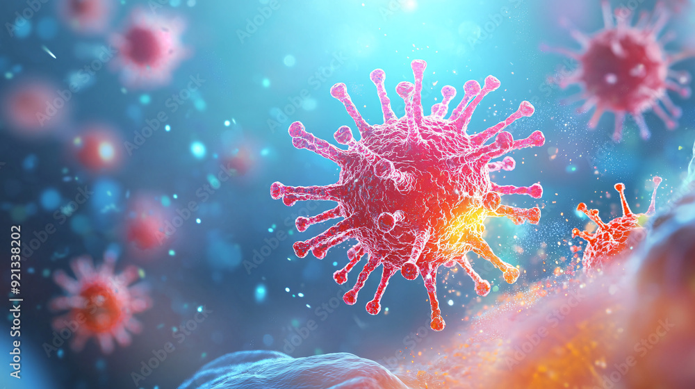 A red and pink virus is shown in a blue background. The virus is surrounded by other viruses, and the background is filled with a variety of colors. Concept of chaos and danger. A red and pink virus is shown in a blue background. The virus is surrounded by other viruses, and the background is filled with a variety of colors. Concept of chaos and danger.