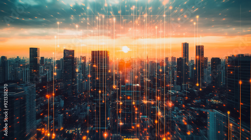 Smart digital city with connection network that is at the cutting edge of innovation in technology and business with bright, modern skyscrapers. Backgrounds for technology and charts and graphs 