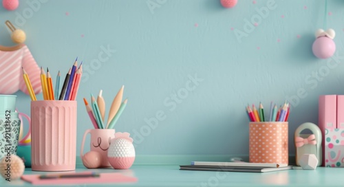 Colorful Stationery Supplies on a Light Blue Desk