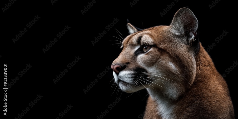 Obraz premium Photo of a cougar isolated against a black background, emphasising the cougar's majestic features. Wildlife and conservation concept, space for copy.