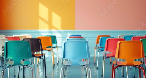 Colorful Chairs Arranged in Empty Classroom With Vibrant Walls in Morning Light