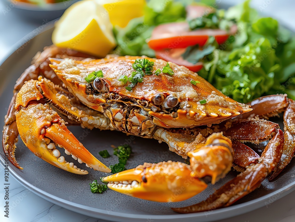 Soft shell crabs battered and fried to a crispy texture, served with a slice of lemon and a light salad. Soft shell crabs battered and fried to a crispy texture, served with a slice of lemon and a light salad.