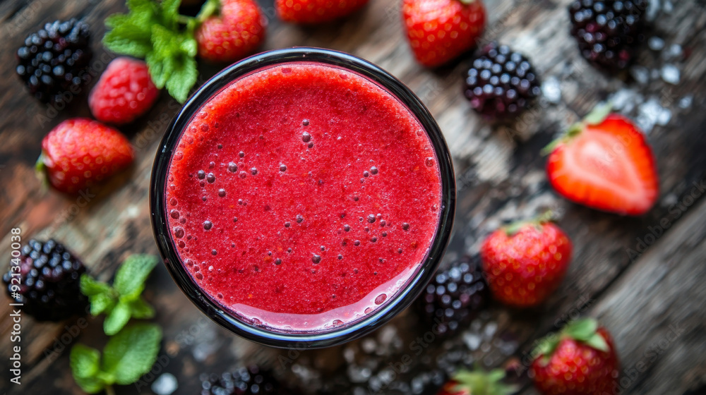 A vibrant red fruit smoothie, showcasing its rich color and creamy texture. The smoothie is often served in a clear glass to highlight its bright hue, garnished with fresh fruit or a mint leaf A vibrant red fruit smoothie, showcasing its rich color and creamy texture. The smoothie is often served in a clear glass to highlight its bright hue, garnished with fresh fruit or a mint leaf
