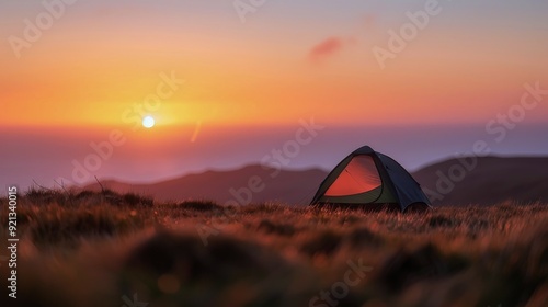 Sunset Camping at Mountain View Overlooking Valley Landscape