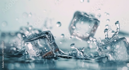 Ice Cubes Splashing in Clear Water With Droplets in a Bright Environment
