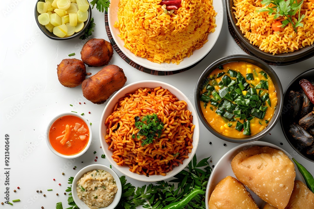 Indian food spread with rice and curry dishes on white background, traditional Indian cuisine, top view Indian food spread with rice and curry dishes on white background, traditional Indian cuisine, top view