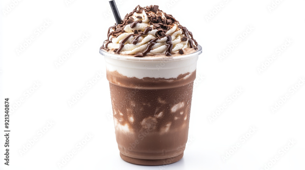 A chocolate milkshake in a plastic cup, isolated on a white background. The shake's rich, creamy texture is visible through the clear cup, which is typically topped with whipped cream A chocolate milkshake in a plastic cup, isolated on a white background. The shake's rich, creamy texture is visible through the clear cup, which is typically topped with whipped cream