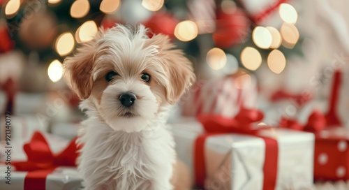 Adorable Puppy Surrounded by Holiday Gifts With Bokeh Background