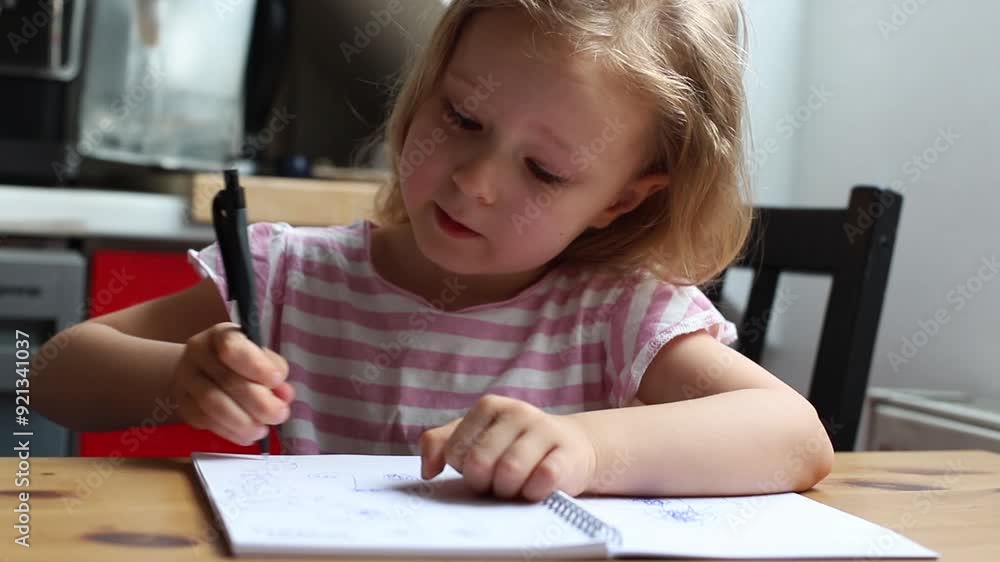 a girl draws passionately at the kitchen table a girl draws passionately at the kitchen table
