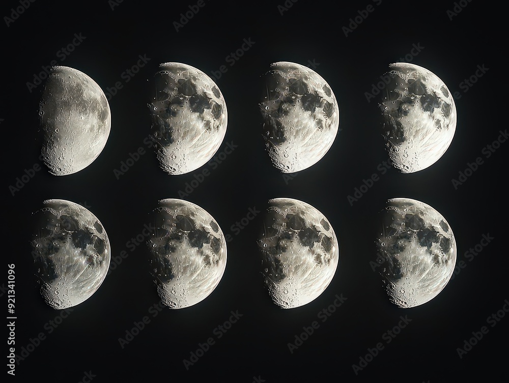 Obraz premium Sequence of eight phases of the moon displayed in a grid against a black background.