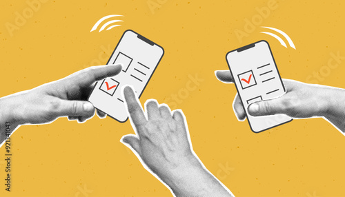 Collage with halftone hands holding phone and online election,  pushing voting button. Modern vector pop art retro style illustration. Design element for infographic, poster, website