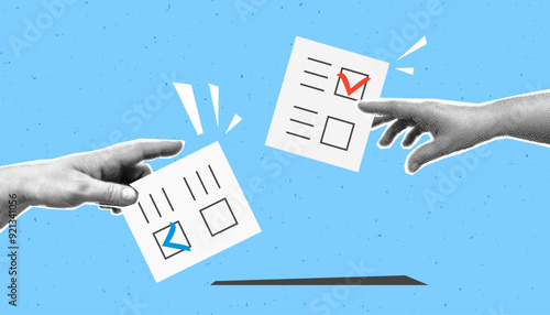Collage with halftone hands puts down ballots on voting box. Election concept in pop art retro style. Design element for infographic, poster, website