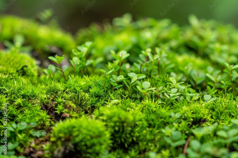Detailed view of layers of green moss creating a textured surface with a sense of depth, Layers of moss creating a sense of depth and dimension Detailed view of layers of green moss creating a textured surface with a sense of depth, Layers of moss creating a sense of depth and dimension