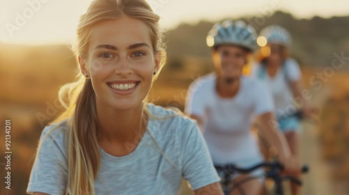 Happy Cyclist Riding on Sunlit Trail With Friends in Summer Evening