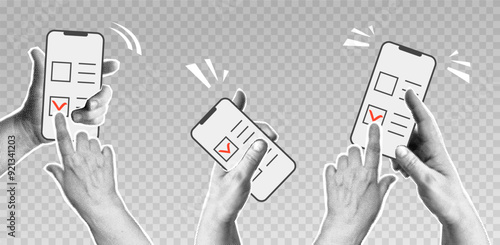 Collage with halftone hands holding phone and online election,  pushing voting button. Modern vector pop art retro style illustration. Design element for infographic, poster, website