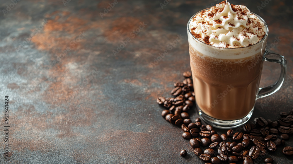 A coffee drink topped with whipped milk, set against a clean background with ample copy space for text. The coffee's rich color contrasts with the creamy, frothy milk, creating an inviting and profess A coffee drink topped with whipped milk, set against a clean background with ample copy space for text. The coffee's rich color contrasts with the creamy, frothy milk, creating an inviting and profess