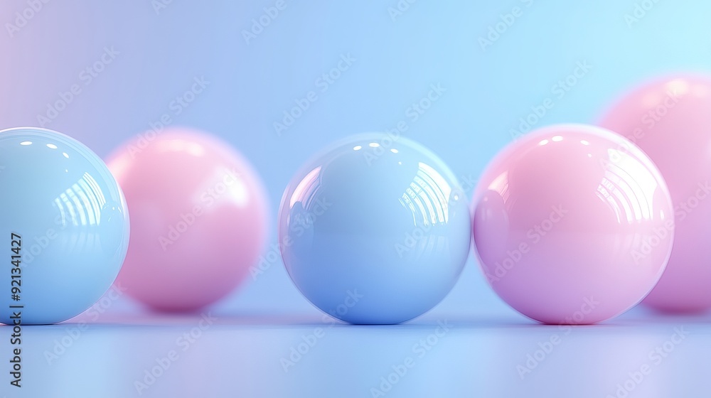 Colorful pastel spheres arranged on a smooth surface with soft lighting Colorful pastel spheres arranged on a smooth surface with soft lighting