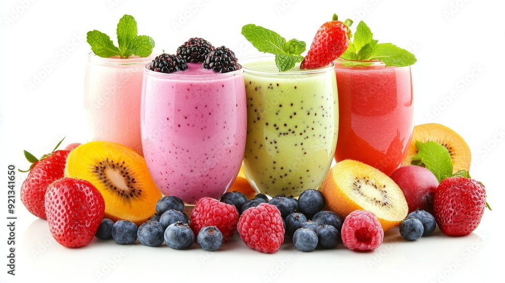 A collection of delicious fruit smoothies and their corresponding fruits, all isolated on a white background. The smoothies, served in clear glasses, showcase vibrant colors and textures, A collection of delicious fruit smoothies and their corresponding fruits, all isolated on a white background. The smoothies, served in clear glasses, showcase vibrant colors and textures,