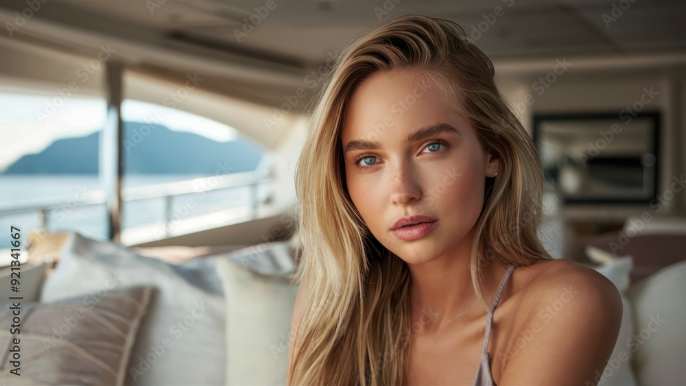 Obraz premium young woman on luxury yacht, sunlit cabin, ocean view, serene expression, long blonde hair, vivid blue eyes, soft natural lighting, relaxed ambiance, high detail, photorealistic, intimate setting, com