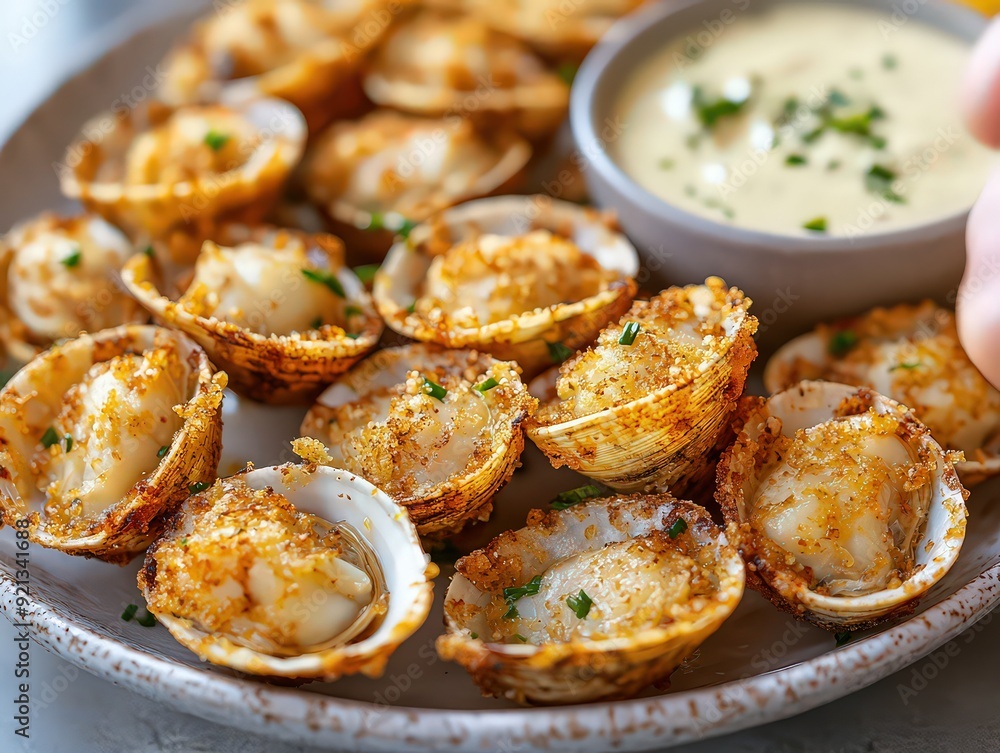 Plate of baked clams topped with breadcrumbs, served with a dipping sauce on the side. Plate of baked clams topped with breadcrumbs, served with a dipping sauce on the side.