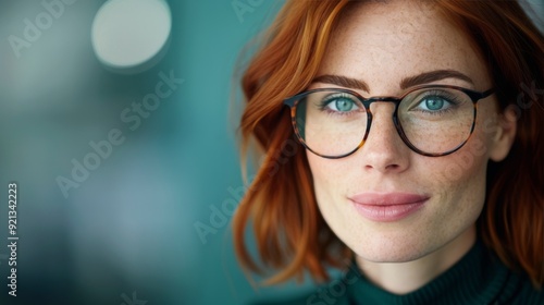 Woman With Red Hair and Glasses Posing Against a Neutral Background