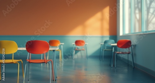Brightly Colored Classroom With Orange and Blue Walls During Daylight