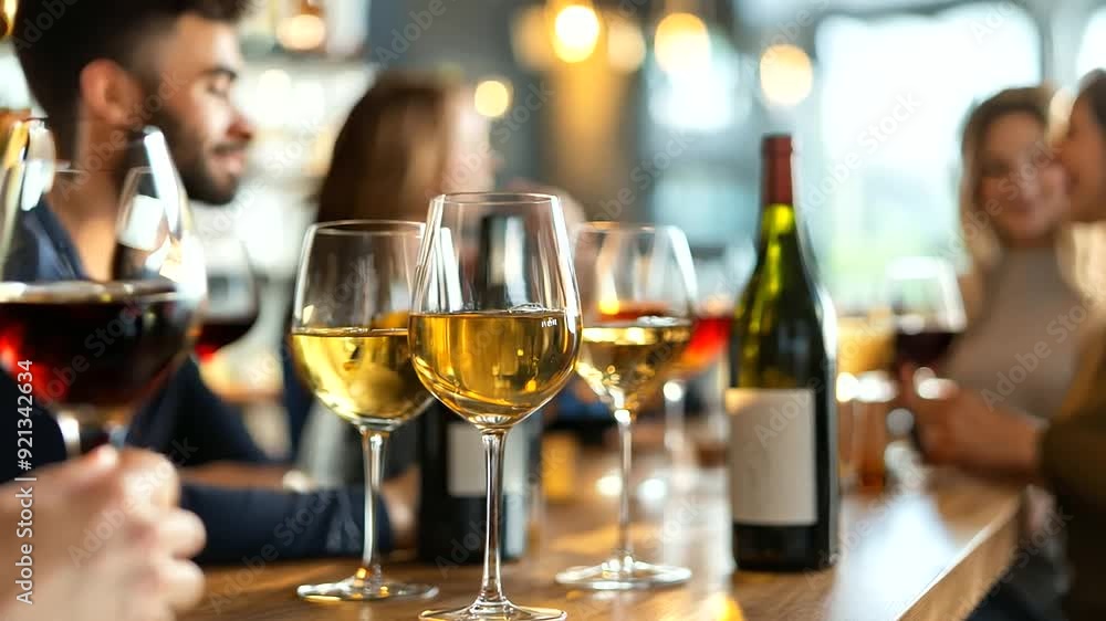 Friends enjoying a wine tasting event, sharing thoughts on flavors and aromas amidst an array of wine bottles. Friends enjoying a wine tasting event, sharing thoughts on flavors and aromas amidst an array of wine bottles.