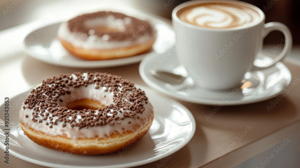 Glazed, decorated donuts arranged on plates beside a heat-resistant glass cup filled with coffee latte or cappuccino topped with milk foam. The scene is captured with selective focus, highlighting Glazed, decorated donuts arranged on plates beside a heat-resistant glass cup filled with coffee latte or cappuccino topped with milk foam. The scene is captured with selective focus, highlighting