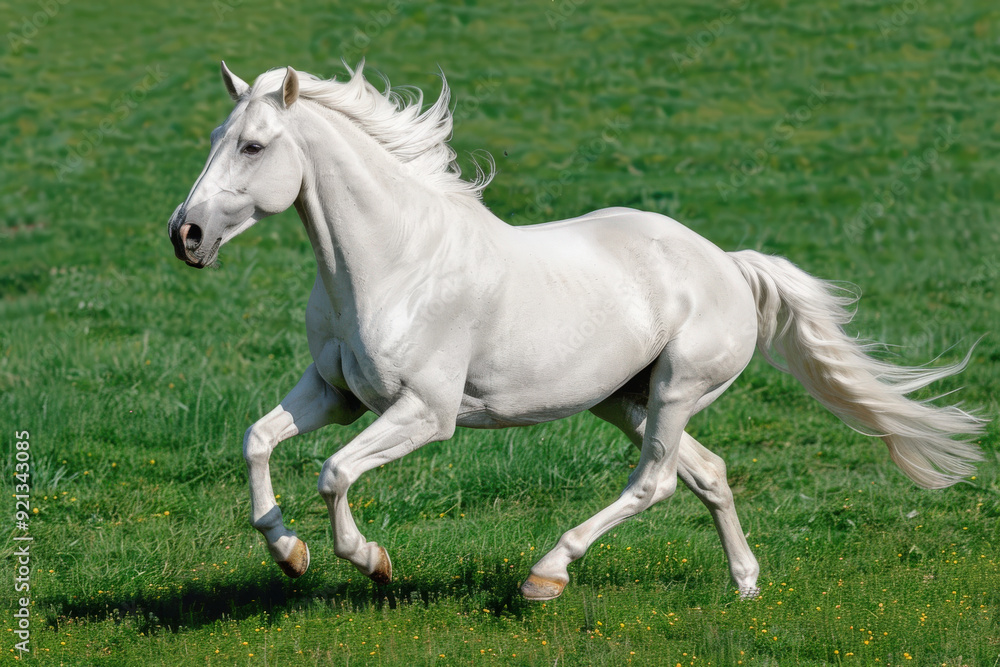 Majestic White Horse Running in Field at Dusk Majestic White Horse Running in Field at Dusk