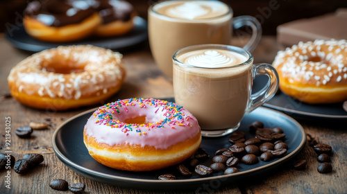 Glazed, decorated donuts arranged on plates beside a heat-resistant glass cup filled with coffee latte or cappuccino topped with milk foam. The scene is captured with selective focus, highlighting 