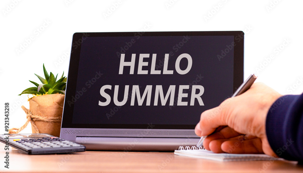 Hello summer symbol. Concept words Hello summer on beautiful black pad. Beautiful white background. Businessman hand. Calculator. Business lifestyle Hello summer concept. Copy space. Hello summer symbol. Concept words Hello summer on beautiful black pad. Beautiful white background. Businessman hand. Calculator. Business lifestyle Hello summer concept. Copy space.