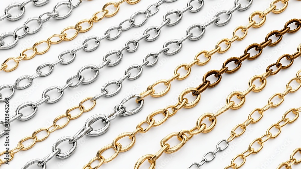 A 3D rendered collection of metal and gold chains, depicted as isolated objects against a white background in vector illustration format A 3D rendered collection of metal and gold chains, depicted as isolated objects against a white background in vector illustration format