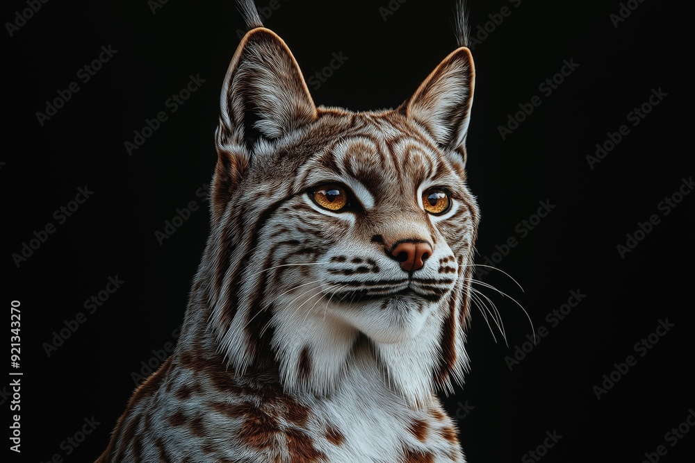 Obraz premium Photo of a lynx isolated against a black background, emphasising the lynx's majestic features. Wildlife and conservation concept, space for copy.