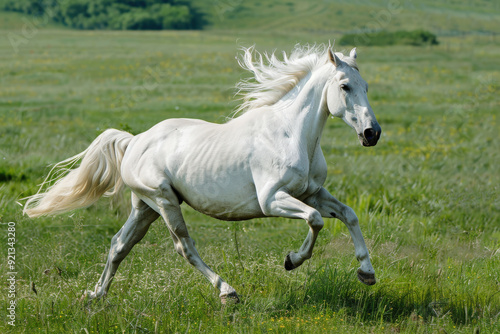 White Horse Running in Field at Dusk