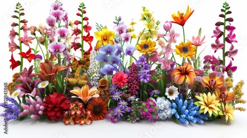 Wallpaper Mural Assorted flowers, such as orchids, roses, and sunflowers, 3D render, vibrant and distinct, each flower separated, isolated on white background Torontodigital.ca