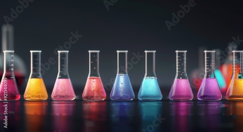 Colorful Beakers in a Laboratory Displaying Various Chemical Solutions