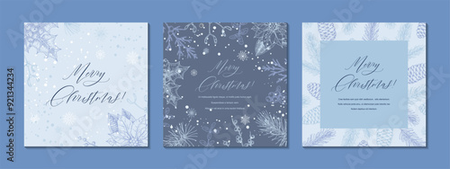 Set of Merry Christmas and Happy New year blue square greeting cards. Social media post template. Hand drawn sinter festive background with sketch botany elements. Engraving vector illustration
